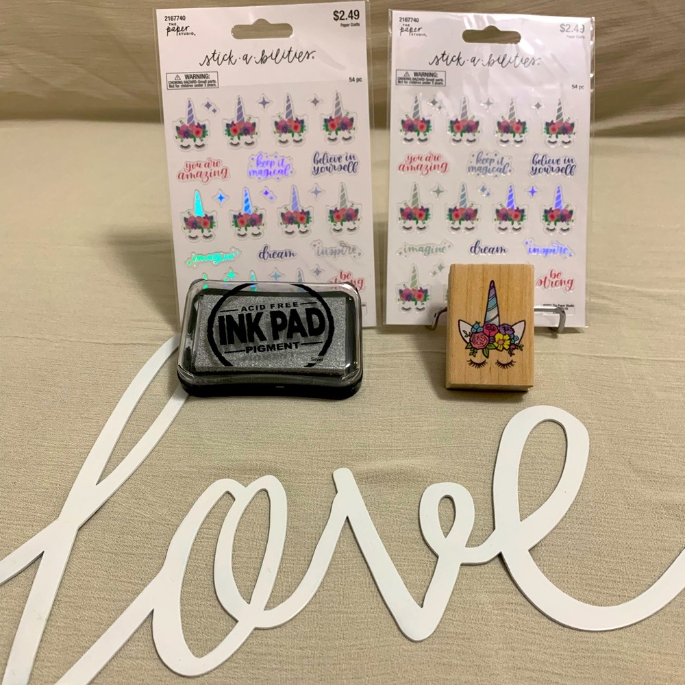 108 pc Flower Unicorn Stickers With Affirmations & 1 Rubber Stamp & Ink Pad
